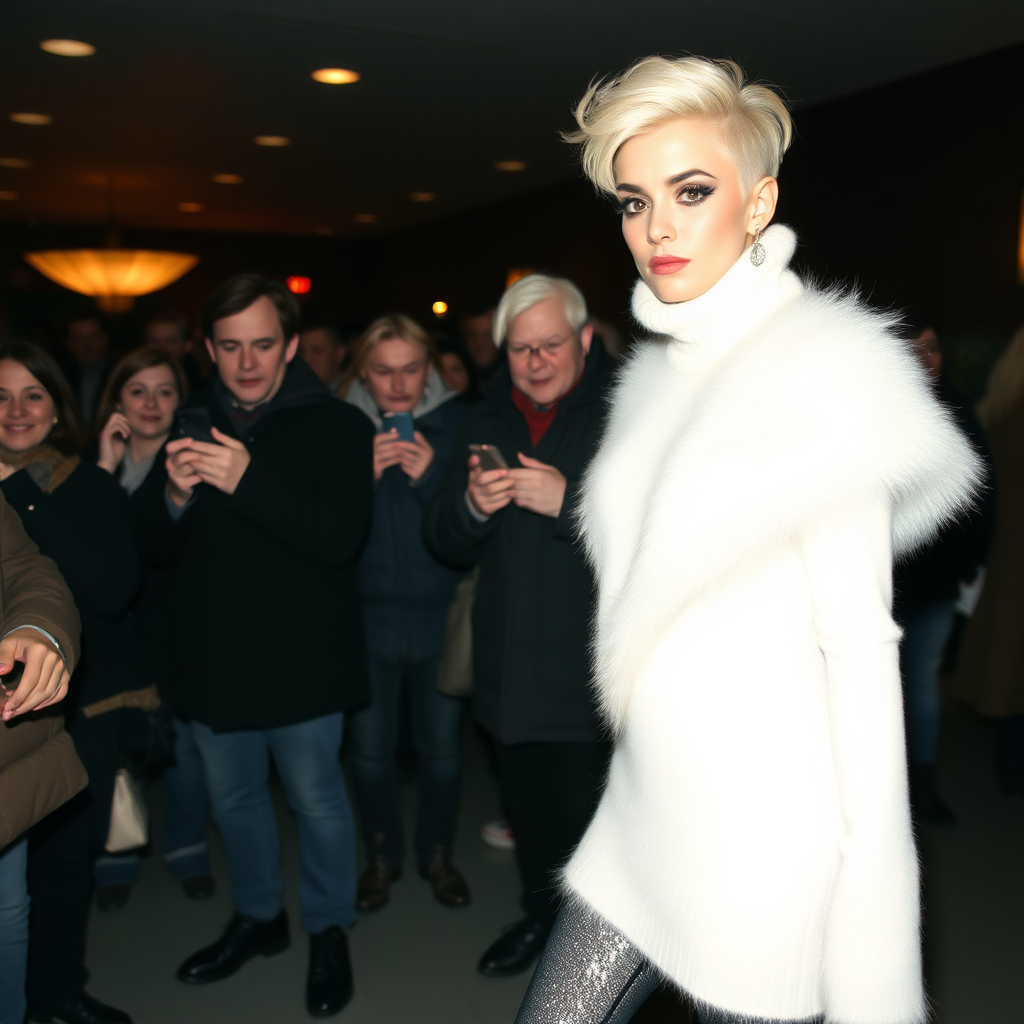 1990 winter evening, crowded cinema lobby: Sam, 19 years old beautiful involuntary femboy, rebellious intractable character, petite boyish figure, platinum blond boyish rebel punk hairstyle, flawless heavily made-up face with sharp arched tattooed eyebrows, wearing Supertanya-style fluffy very fuzzy bright white angora thigh-length turtleneck-poncho fully covering body and arms, silver-glitter leggings, black leather high-heeled pumps, silver earrings, puzzled alarmed, pout serious, impatiently waiting for her master. Other visitors watching laughing taking pictures. Full view of scene.