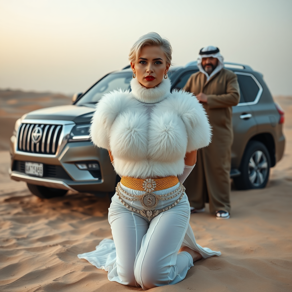 Kuwait desert dunes misty dawn, full size luxury SUV: Melissa, European 17 years old very convincing femboy “trophy-bimbo”, tamed servile docile, very beautiful feminine flawless face, rather short, by hormones very curvaceous womanly figured, platinum blond short tight curls, bold red lips, heavily made-up face, wearing Supertanya-style fluffy very fuzzy bright white angora turtleneck-poncho cropped ending under bust decorated with pearls and gemstones, striking oriental wide gold bridal protection belt, white fully transparent harem pants, full Oriental bridal jewelry including headpiece, nose-ring, coin anklets, striking diamond “$$$” letter brooch on left chest, pout frustrated, hands tied behind back, kneeling in sand in front of SUV, looking at camera. Focus on face and turtleneck-poncho. Standing behind Melissa: older overweight tall proud sheik, approvingly padding Melissa.