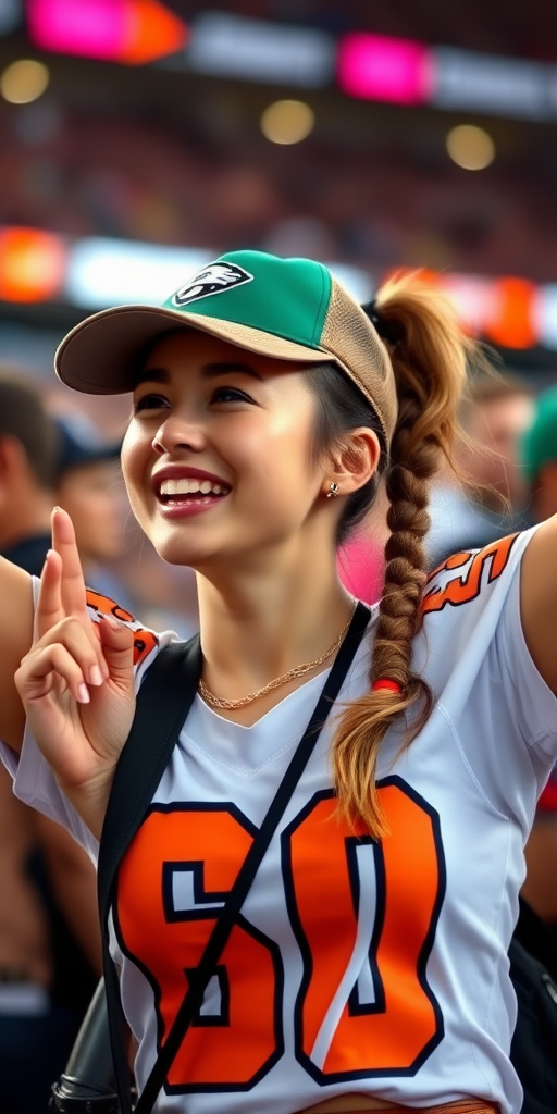 Attractive female NFL fan, pigtail hair, rejoicing