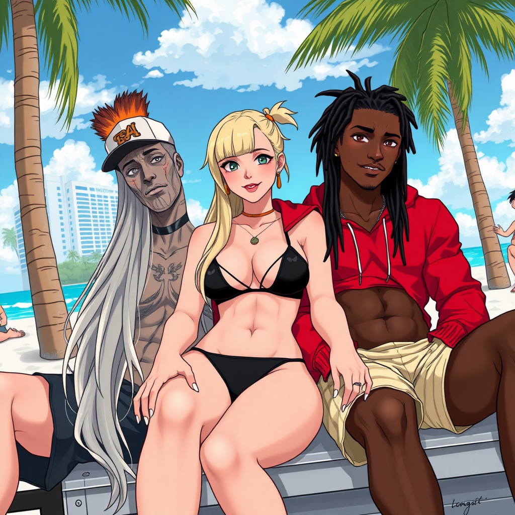 Anime of A 19 year old thug ghetto women, white, long blond hair, wearing nothing but a micro-black bikini and g-string thong under red-white bape hoodie, red-lips, white-nails, down in Miami beach Florida near a city, she is sitting next to a dark-skinned male with dreadlocks right-side, left side sitting next to her is a male-latino with brown-fohawk hair with a sideways cap, there is also a Latina women with a brown-ponytail (Lucia)