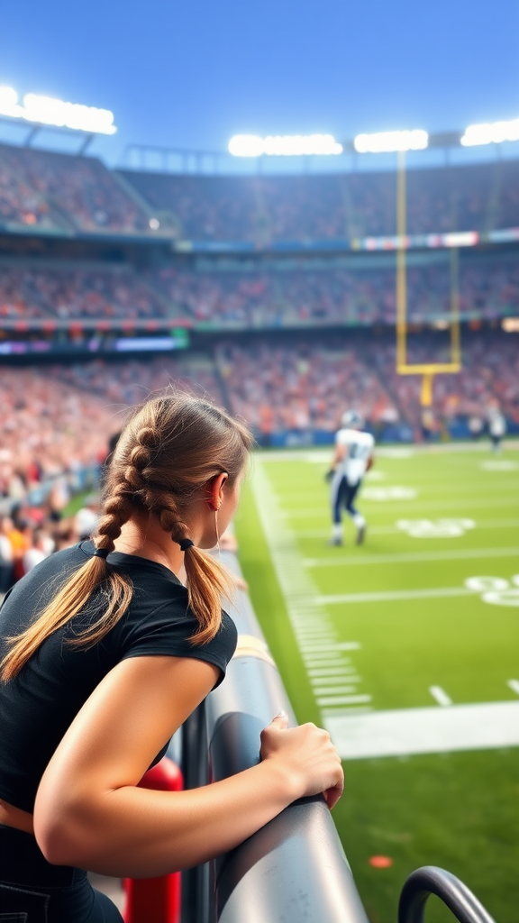 Attractive female NFL fan, pigtail hair, leaning forward over front row stadium barriers, fangirling over an NFL player who's on the field