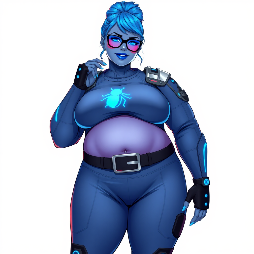 A 28-year-old, full-figured, metallic maximum blue (5PB 5/10) skinned computer program hybrid with a tied bun of maximum blue hair. She has a non-athletic build, highlighted by a prominent, round, large midsection (with a full emphasis on her round large belly), which shows the effects of her love of junk food acquired from her boyfriend. As the full-figured, nerdy, digital sidekick to her cyberpunk vigilante boyfriend, her metallic maximum blue skin and maximum blue lipstick (5PB 5/12) emphasize her digital nature. Her skin has a subtle, animated glow, with digital patterns occasionally flickering across it, making her digital nature obvious. She wears a digital, computerized costume, consisting of a huge, tight-fitting, maximum blue long-sleeved shirt (5PB 5/10) with a neon blue glowing chest icon of a beetle, hi-tech shoulder pads with neon blue accents, a black hi-tech belt with a digital neon blue glowing buckle, digital maximum blue pants (5PB 5/12) with neon blue accents, and black hi-tech fingerless biker gloves with neon blue glowing accents. Her neon blue glowing eyes, black eyeglasses with neon blue glowing lenses equipped with a built-in HUD, and bashful smile with neon red blush accentuate her nerdiness. She stands bashfully with one hand behind her back and the other hand gently touching her cheek, her costume covering all her skin and fully emphasizing her full-figured physique (especially her belly). She is clearly non-athletic, with a focus on her full-figured physique. Despite her build, she radiates beauty. She has a slim face compared to her physique, accentuating her radiant beauty. She is on a solid white background. She is drawn as if she were in a retro 2D cyberpunk fighting game. Ensure her skin has a maximum blue (5PB 5/10) skin tone.