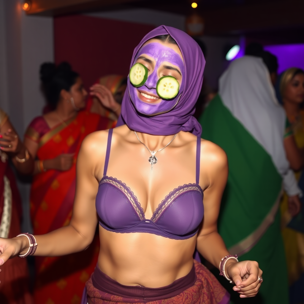 A skinny, traditional, 30 year old Indian wife with hijab, wearing a bra and skirt. Her face is covered with a purple face mask, and her eyes are covered with cucumber slices. She is dancing at a party.