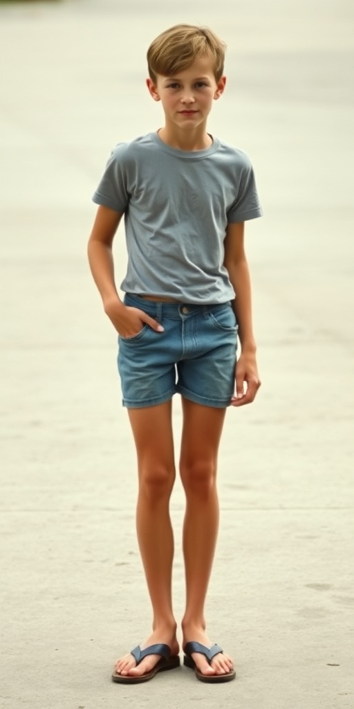 photorealistic, ultra high resolution, 16K. A skinny 14yo teen boy wearing t-shirt, tight booty shorts, sandals. Long legs, bare thighs, narrow hips. 1980s. Negative: grainy, blurry, bad anatomy, extra limbs, watermark.