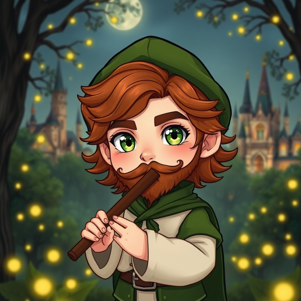 Create a detailed Chibi-style image of a 25-year-old white man. Its eyes are green in color. Her hair is slightly wavy and bold in a coppery brown tone, with a Robin Wood-style hat. He has masculine features and his countenance is strong. He wears a moss green and white flutist style outfit. He has a beard and mustache. It's in the middle of a dark forest, lit by fireflies that glow softly. In the background, a city with fantastic architecture, giving a magical touch to the scene. The image must have a chibi style, capturing every detail with precision and 8k quality. Looks like a photograph." Chibi. 25 years old. . Beautiful. Beautiful. Chibi. Beautiful appearance.