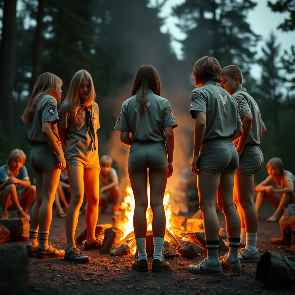 group of tall 14yo teen boys, long hair bob cut, wearing American boy scout uniform with uniform matching very tight booty shorts, tube socks, shoes, long legs, narrow thighs. a campfire. full-length view. 1980s. photorealistic, ultra high resolution, 16K, Negative: grainy, blurry, bad anatomy, extra limbs, watermark.