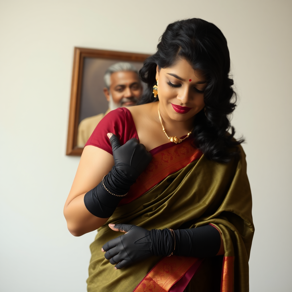 Pov: Curvy mature Indian woman wearing a saree dress, long saree gloves, low-angle