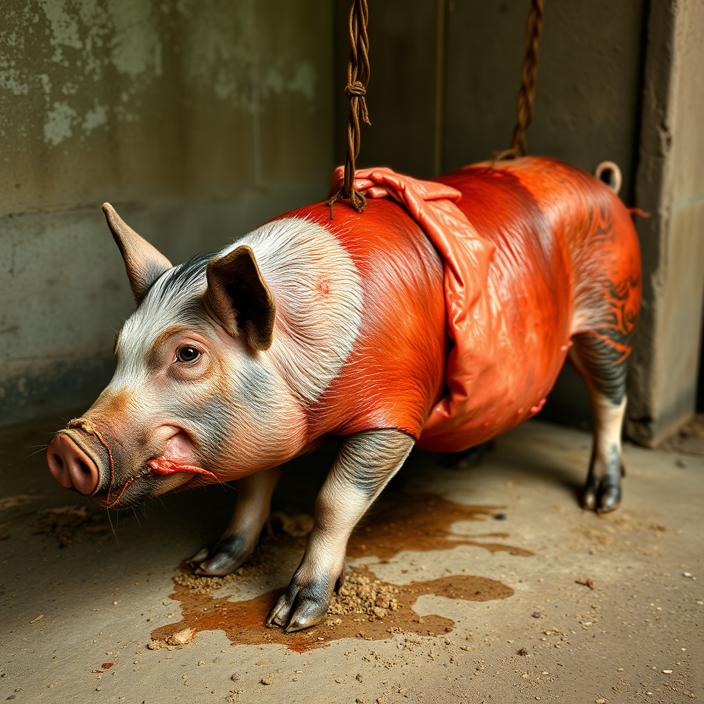 An adult slaughter pig with human skin