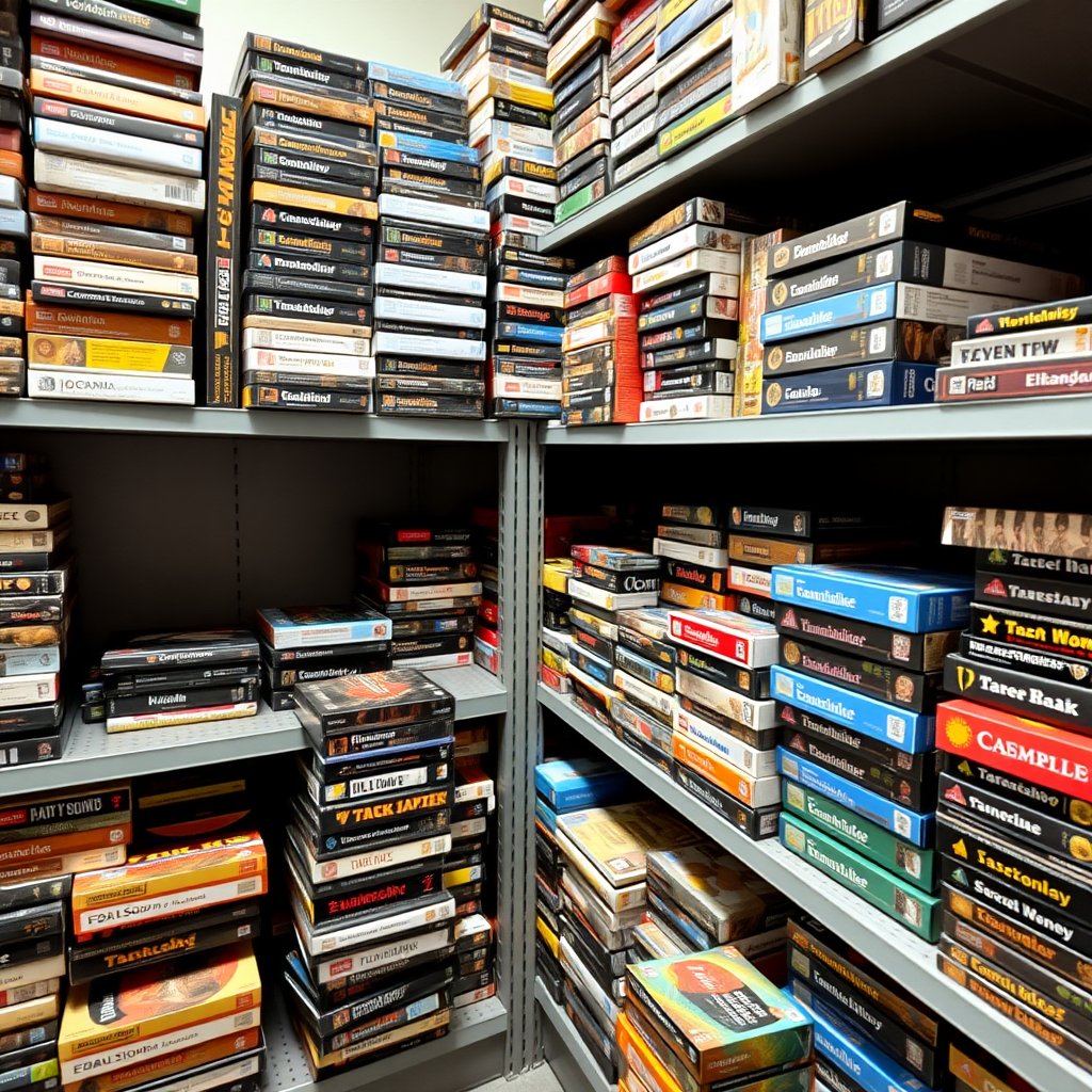 Shot of multiple shelves with board game boxes stacked vertically and horizontally, at least 300 boxes, taken at a distance of at least 3 meters. The boxes have multiple colors and sizes. Avoid boxes with black color.