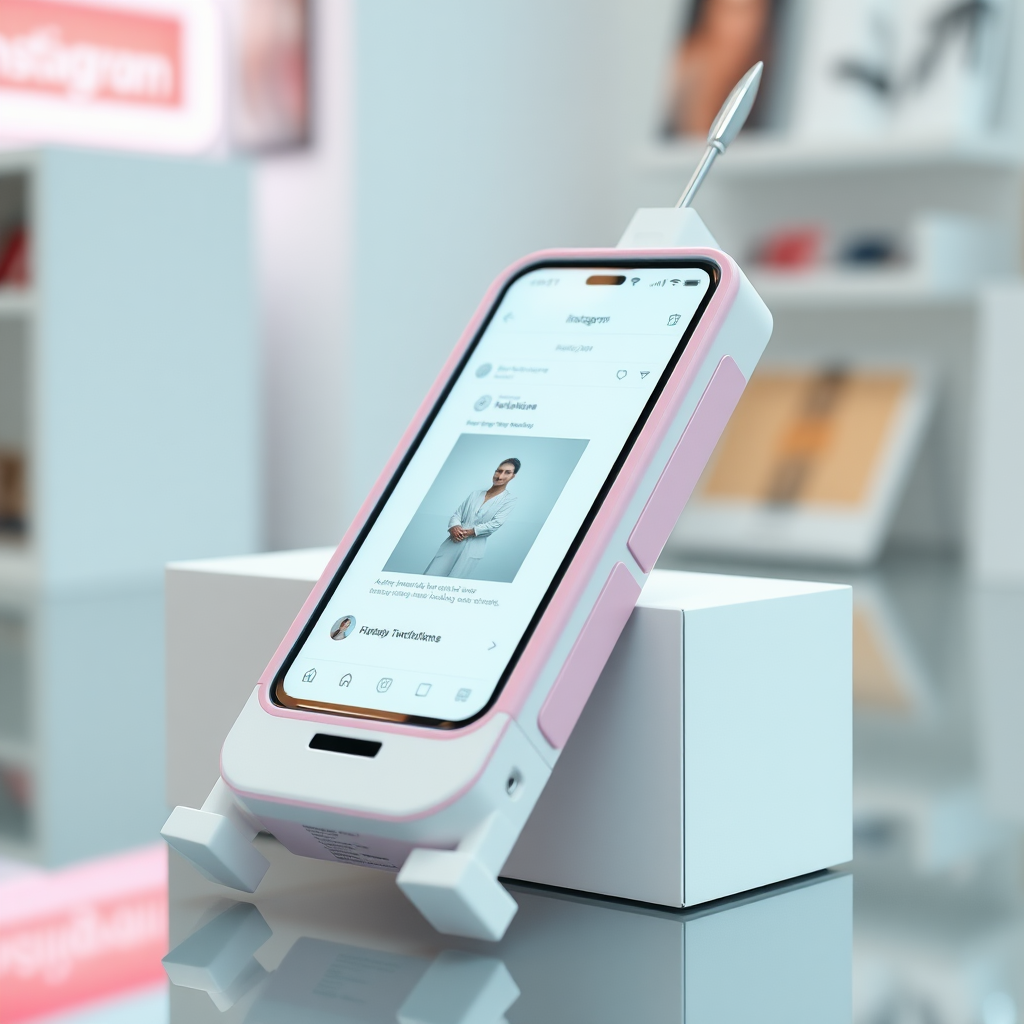 A close-up straight front view of a mobile phone in a shape inspired by a syringe, white pink futuristic, kept for sale leaning to a box, in a showroom, metallic body, touchscreen phone with Instagram page open on the screen, needle on top, whitepunk.