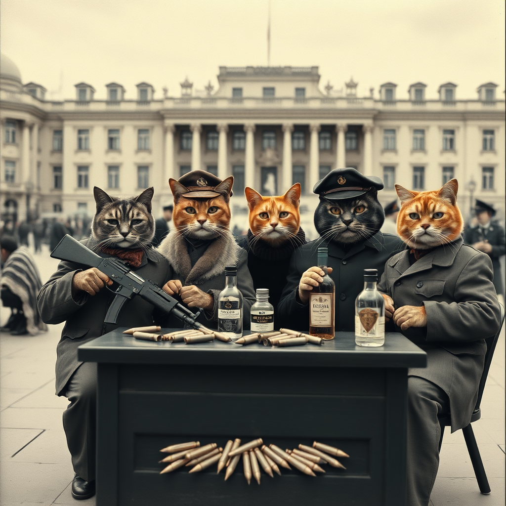 4 serious cat-men in a large square, a dark-skinned one holding an AK-47, an orange one with a Russian military cap, a dark brown and a light brown, USSR communists with vodka, around a table with bullet casings on top, in the style of an old black-and-white photo.