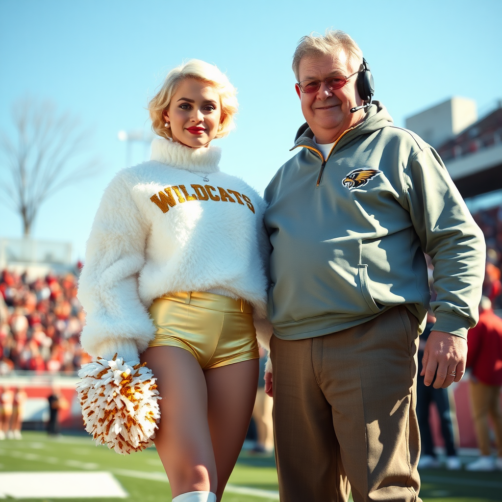 Sunny cold fall noon, college football stadium game, cheerleaders leader squat: Ana, European 17 years old very convincing femboy “QB’s trophy-bimbo”, tamed servile docile, very beautiful feminine flawless face, rather short boyish figure, platinum blond short tight curls, bold red lips, heavily made-up face, fluffy very fuzzy bright white plushy hazy thick angora turtleneck-sweater with “gold “WILDCATS” letters, vinyl gold short shorts, mesh pantyhose, white vinyl thigh-high boots with golden heels, large gold-white pompoms, pearl earrings, standing, shoulders slightly arched back to present her assets, posing for photo with Hank: older tall overweight male football coach, wearing college football coach outfit, triumphant smile, nimbly patting Ana.