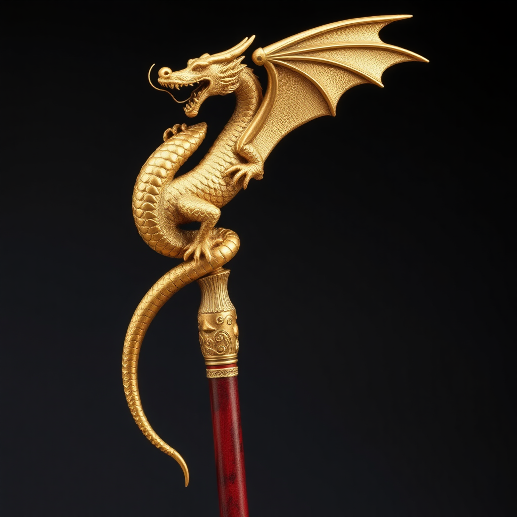 a wizard's staff with a handle made of red wood and the top depicting a golden dragon with its tail wrapping around the handle