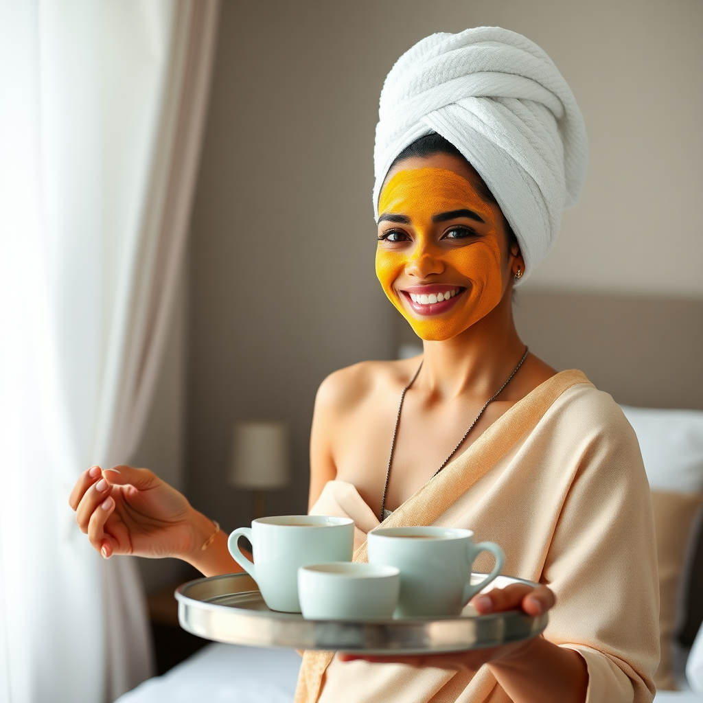 slim, 30 year old, indian Bride, towel head, turmeric face mask. She is smiling and serving bedside coffee on a tray.