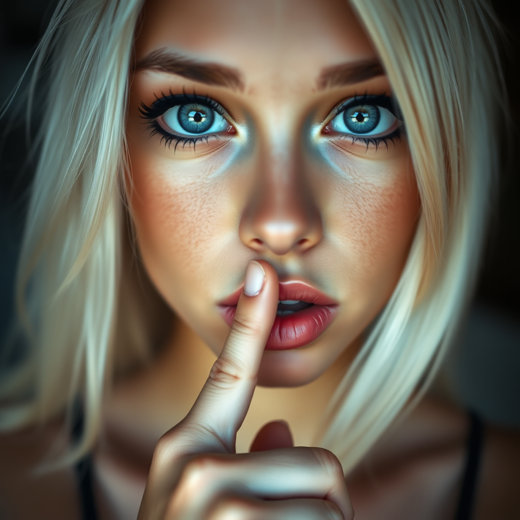 a young woman is holding her finger to her lips, 1girl, looking at viewer, blue eyes, blonde hair, solo focus, blurry, lips, eyelashes, blurry background, close-up, realistic. bleached blonde, black eyeliner, very large eyes, tanned skin.