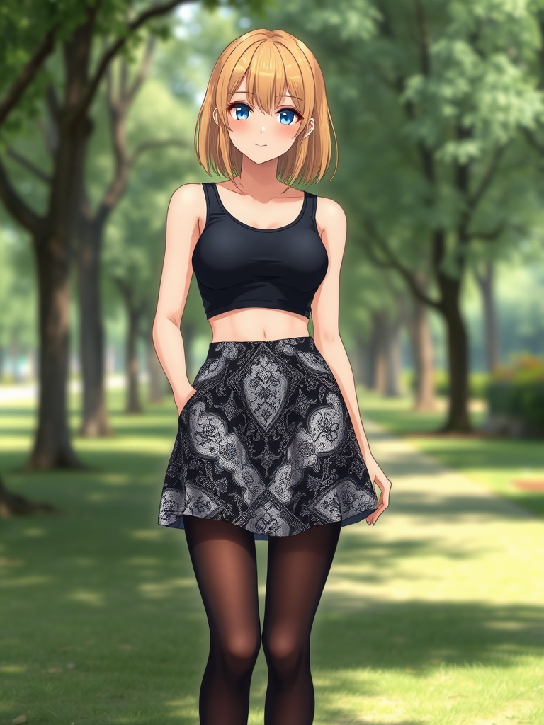 Anime art full body image wide shot of a young woman, medium blonde hair, a black, sleeveless crop top that reveals the woman's midriff and a high-waisted, patterned mini skirt that showcases a mix of black and white colors. She is also wearing black sheer tights and black sneakers with white laces. Park background