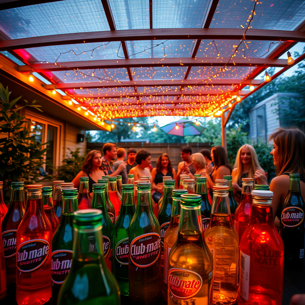 House party in the garden with lots of "club-mate" energy drink bottles, underneath a roof that breathes because all party people are high on psychedelics.