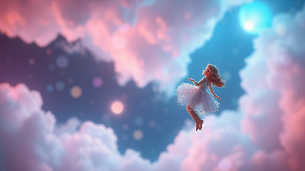 mandelbulb clouds, Low Key Lighting, dreamscape, nebula, Bokeh, abstract, brilliant colors, glittering, translucent, iridescent, glowing, artistic photo, panoramic, airy, original, experimental, fractal, generative art, calm, preteen porcelain doll floating, cinematic shot