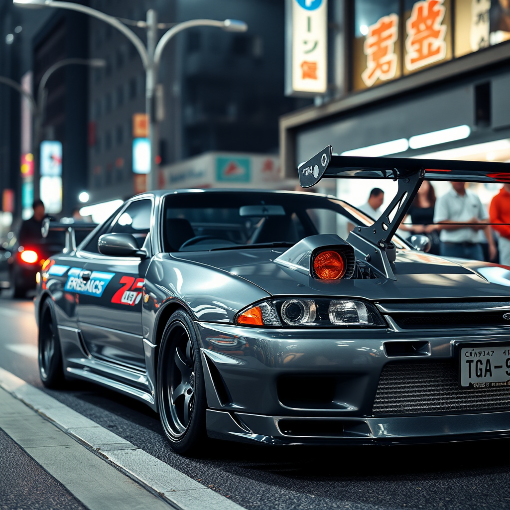 The car is parked on the side of the road, inspired by Taiyō Matsumoto, tumblr, restomod, nd4, c4 metallic shine gray black nissan skyline r34 crowded tokyo night background detailed overall details.