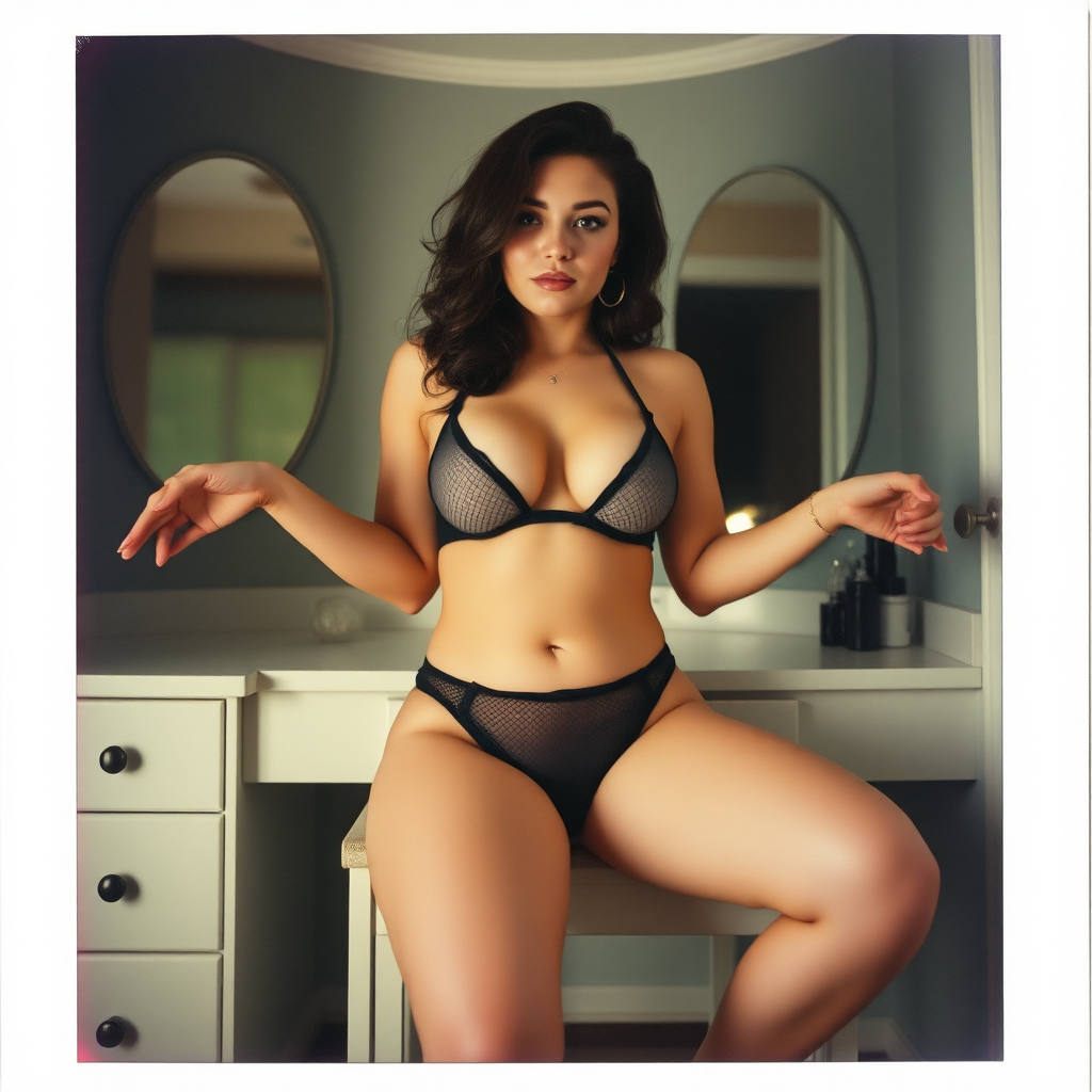 old polaroid photo with heavy vignetting and color tint and light leak, depicting a sexy curvy thicc girl wearing a tiny revealing black mesh bikini gstring thong sitting with her knees spread apart to show panties on a built in vanity with a mirror