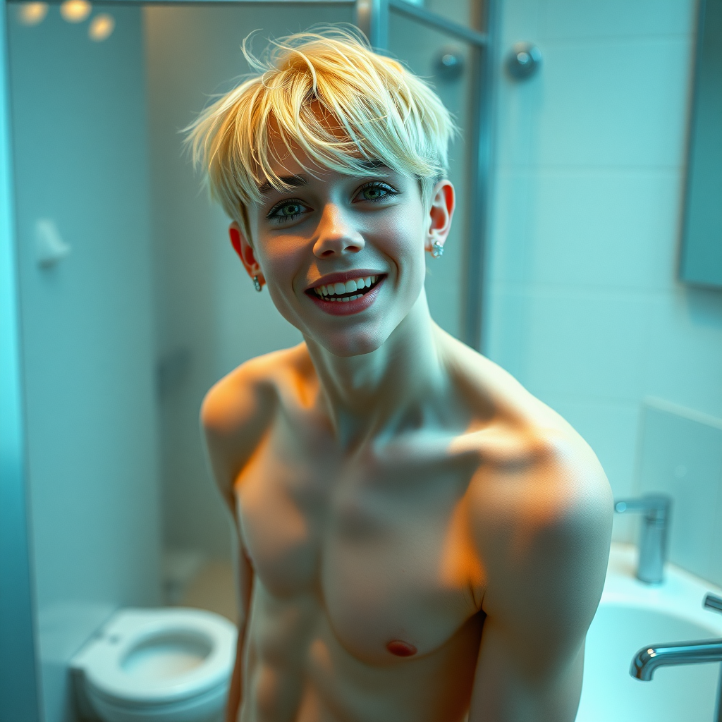 photorealistic, ultra high resolution, 16K, surreal fantasy, studio lighting, a pretty 14 year old goth boy, slim male physique, short blonde hair, goth makeup, earrings, pantyhose, white ballet shoes, in the bathroom, excited smile, facing the camera.