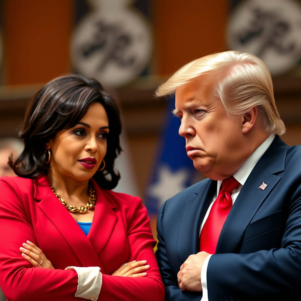 Dragon ball style Kamala Harris and Donald Trump mimic fusion position