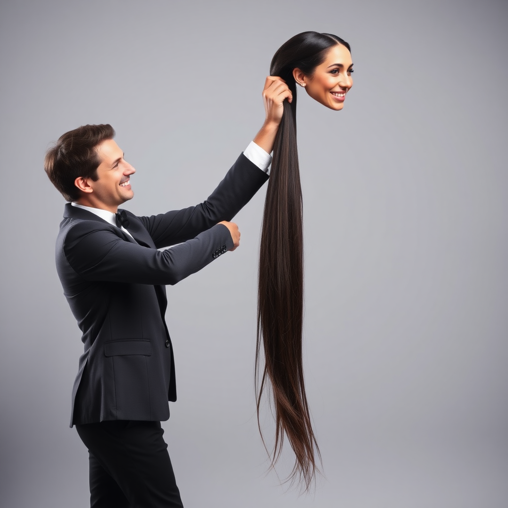 A surreal image of a smiling male magician standing to the side while holding up the disembodied head of a very long haired Meghan Markle by her hair to display it to the camera. He is grabbing her very long hair and pulling it up high in the air, while her head is hanging by her hair from his grasp. Plain gray background.