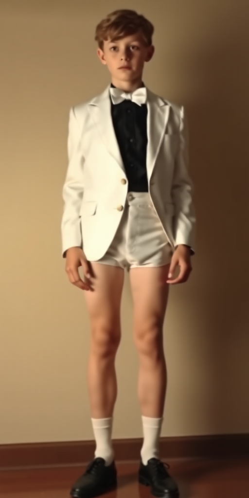 a tall 13yo teen boy, wearing white bow tie, black shirt, white formal suit with matching very tight booty shorts, tube socks, shoes, long legs, narrow thighs. full-length view. 1980s. 
photorealistic, ultra high resolution, 16K,
Negative: grainy, blurry, bad anatomy, extra limbs, watermark.