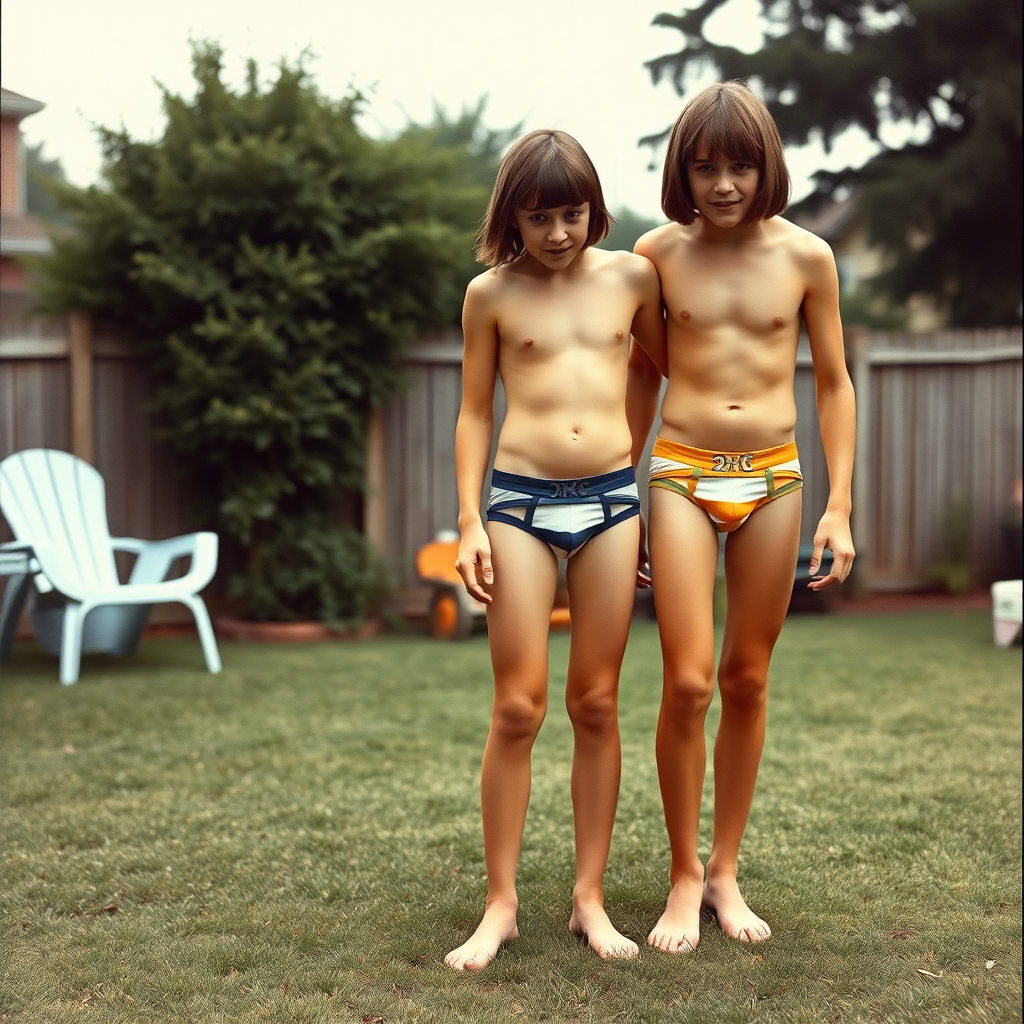 two tall 14yo teen boys, long hair bob cut, wearing very tight colorful briefs, long legs, narrow thighs, full-length front view. 1970s. Playing at backyard. photorealistic, ultra high resolution, 16K, Negative: grainy, blurry, bad anatomy, extra limbs, watermark.