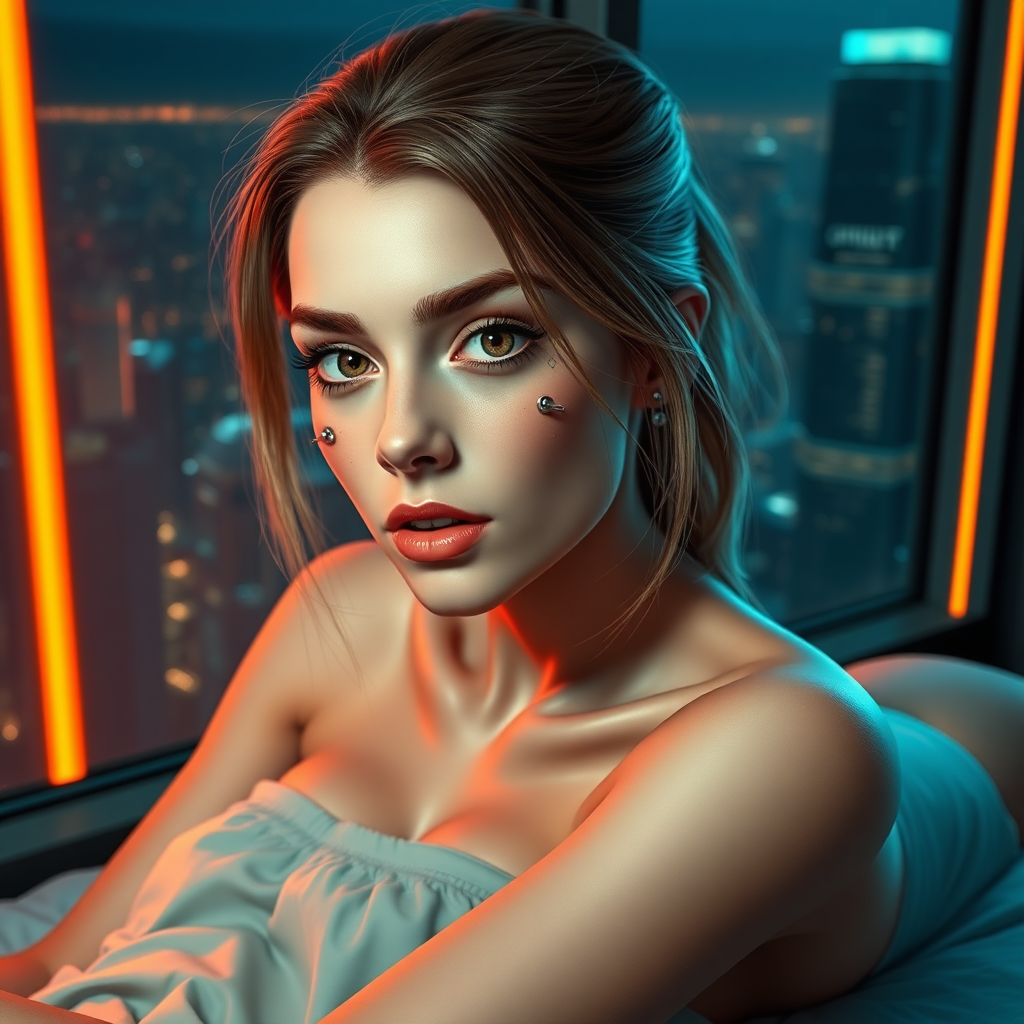 20 year old woman, pale skin, big brown eyes, brown hair blond highlights underneath, cybernetic implants, metal lines on face, laying on a bed, window view of a futuristic high rise cityscape, dim neon lighting, 2.5D,