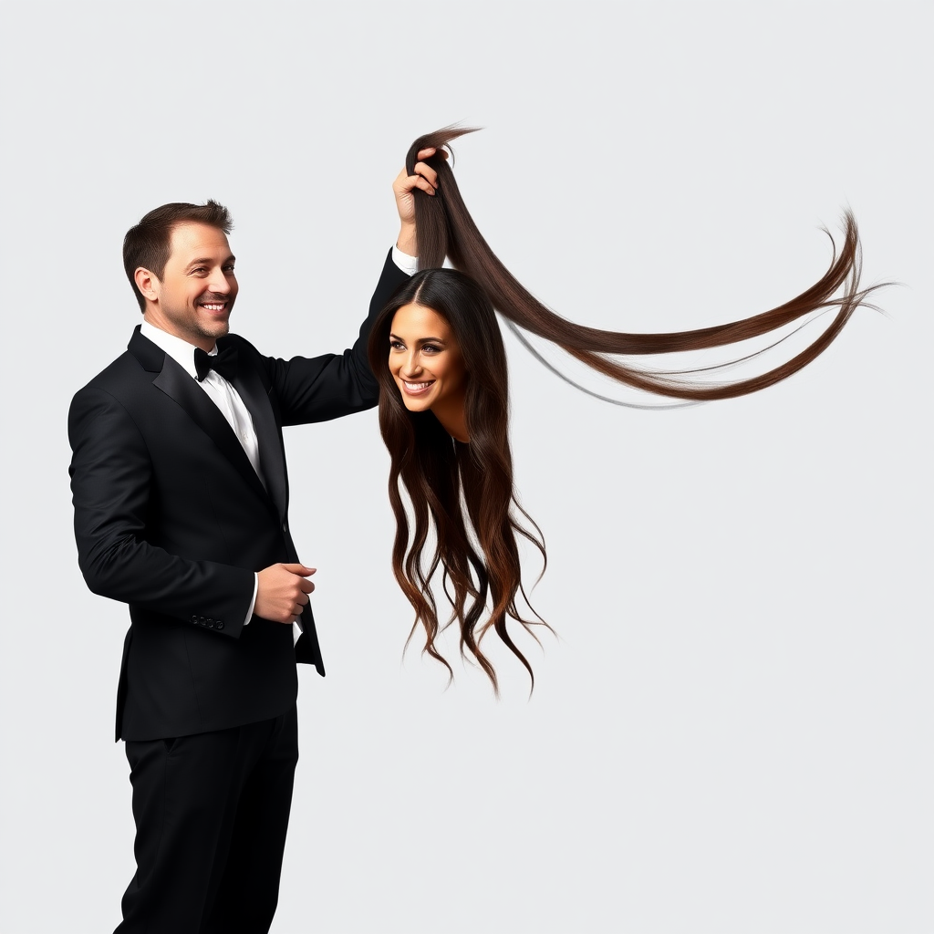 A surreal image of a smiling male magician standing to the side while holding up the disembodied head of a very long haired Meghan Markle by her hair to display it to the camera. He is grabbing her very long hair and pulling it up high in the air, while her head is hanging by her hair from his grasp. Plain gray background.