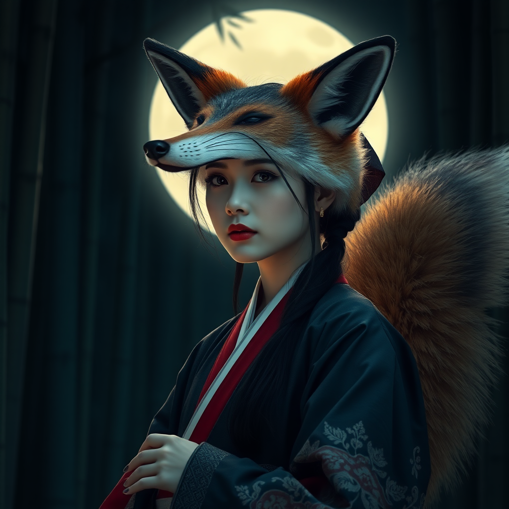 A Korean eerie-looking woman in an ancient Hanbok transforms into a fox in front of the full moon in a bamboo forest.