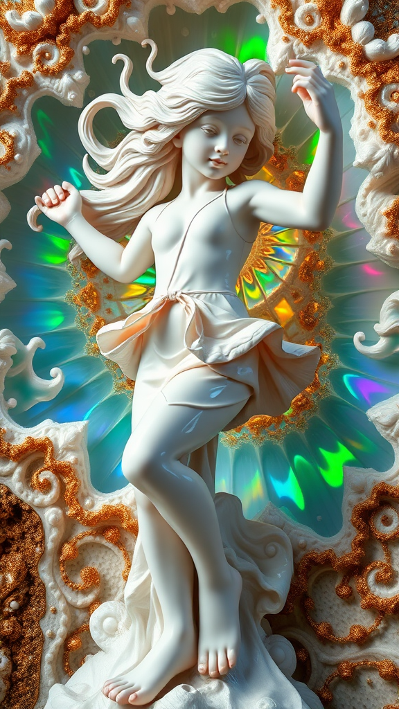 preteen girl statue in dynamic pose, porcelain doll, mandelbulb fractal, ultra-detailed, dynamic composition, artistic photograph, geode, alabaster, fractal, brilliant colors, glittering, illumination, transparency, translucent, opal, turquoise, gold, romanticism, sharp focus, pottery, floral, mother of pearl, iridescent, reflective, glossy