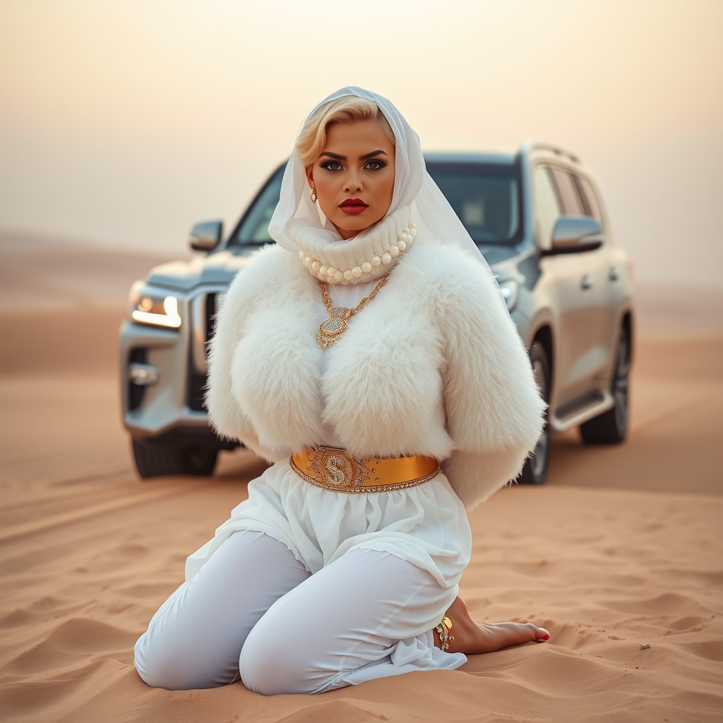 Kuwait desert dunes misty dawn, full size luxury SUV: Melissa, European 17 years old very convincing femboy “trophy-bimbo”, tamed servile docile, very beautiful feminine flawless face, rather short, by hormones very curvaceous womanly figured, platinum blond short tight curls, bold red lips, heavily made-up face, wearing Supertanya-style fluffy very fuzzy bright white angora turtleneck-poncho cropped ending under bust decorated with pearls and gemstones, striking oriental wide gold bridal protection belt, white fully transparent harem pants, full Oriental bridal jewelry including headpiece, white transparent Burka face veil, coin anklets, striking diamond “$$$” letter brooch on left chest, pout frustrated, hands tied behind back, kneeling in sand in front of SUV, looking at camera. Focus on face and turtleneck-poncho.