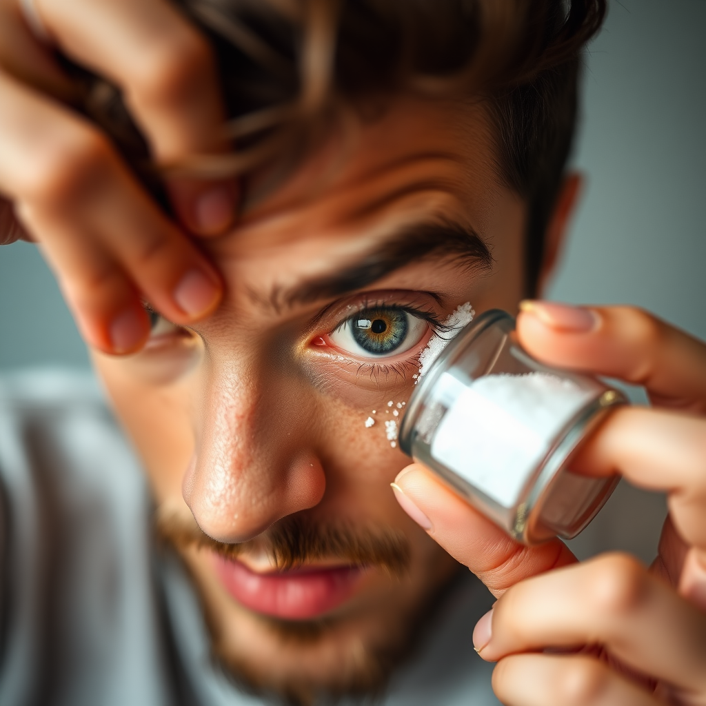 person putting salt from a salt shaker onto his eye