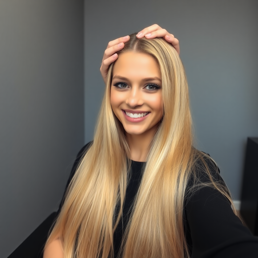 POV, beautiful very long haired blonde woman sitting in a hair salon smiling at the camera while I reach out from behind the camera to massage her scalp. My fingers are digging into her hair rubbing her scalp while her hair is covering my hands.  
Plain gray background.