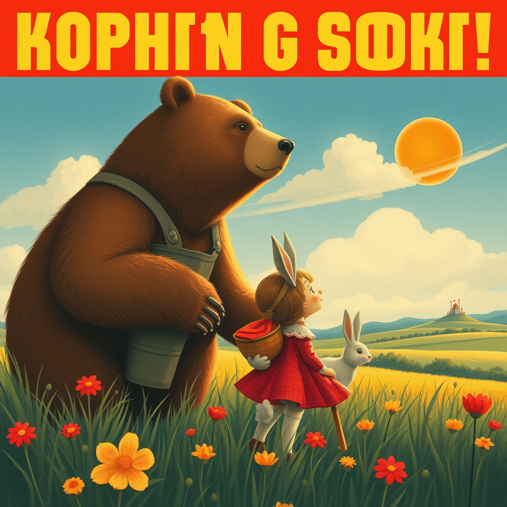 a big strong soviet poster USSR working girls bear and bunny in a field looking to the horizon but in the style of children's book's illustration