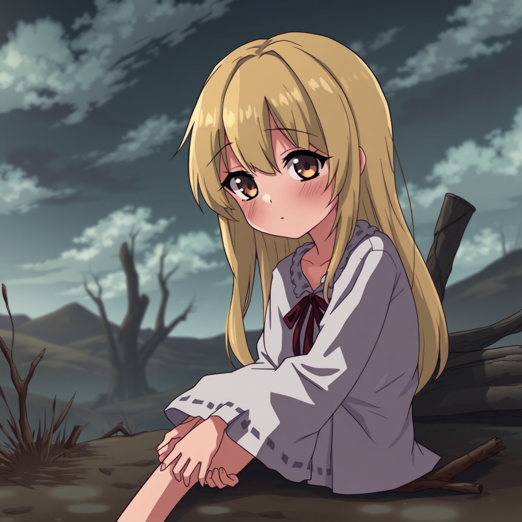 A depressed blonde anime girl with brown eyes.  
She is sitting lonely at a forsaken place.