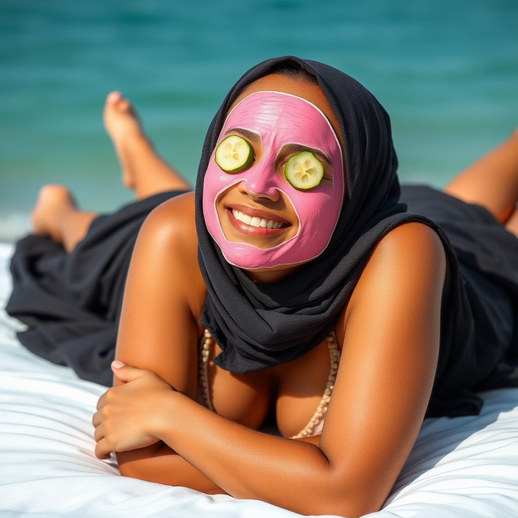 A skinny, traditional, 30 year old Indian wife with hijab, wearing a bra and skirt, lying on a bed facing the sea. Her face is covered with a pink face mask, and her eyes are covered with cucumber slices. She looks satisfied from her facial expression.