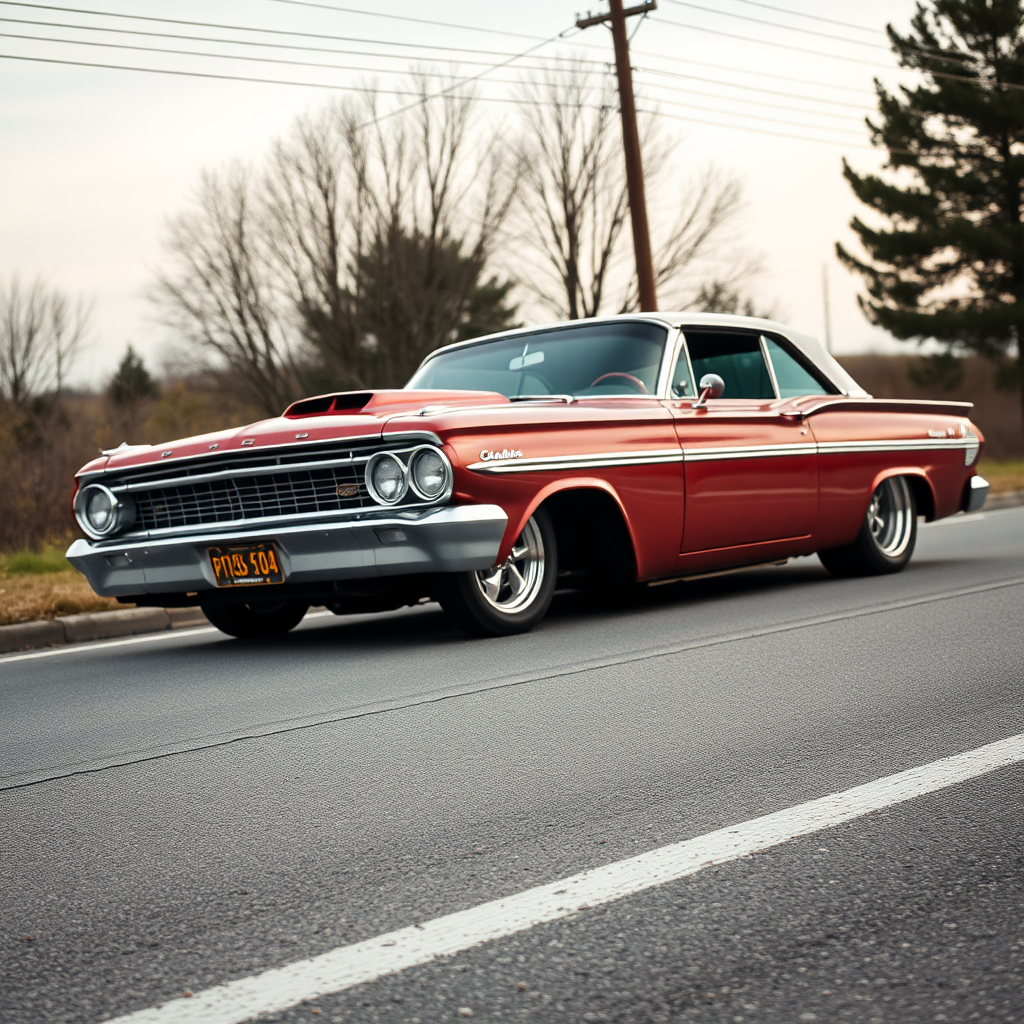 The drag car is parked on the side of the road, inspired by Taiyō Matsumoto, tumblr, restomod, nd4, c4 metallic shine classic american low rider custom paint ford