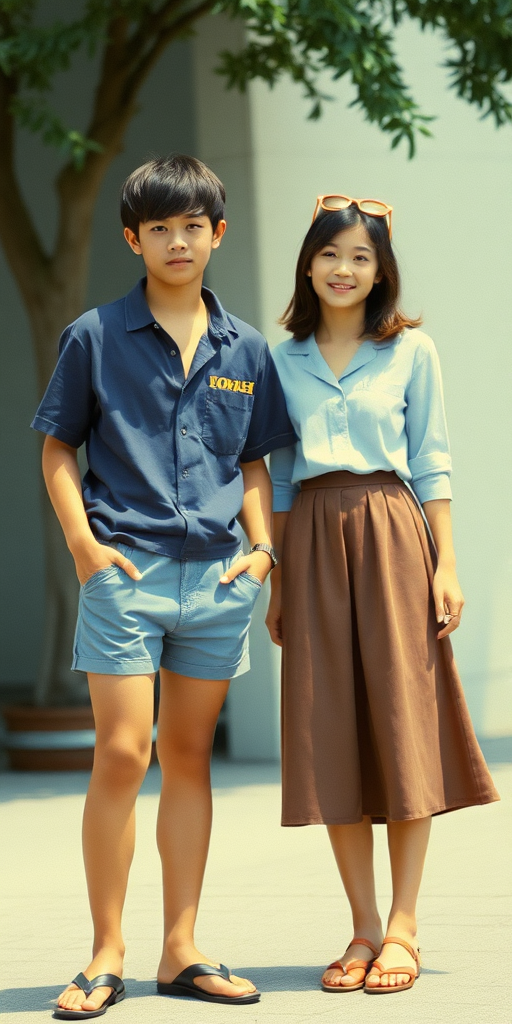 Vintage photo, 1980s. Hot summer. Japan. Tall 14yo teen boy wearing knotted shirt, tight booty shorts, long legs, bare thighs. With a girl wearing shirt, long skirt. Full length view.