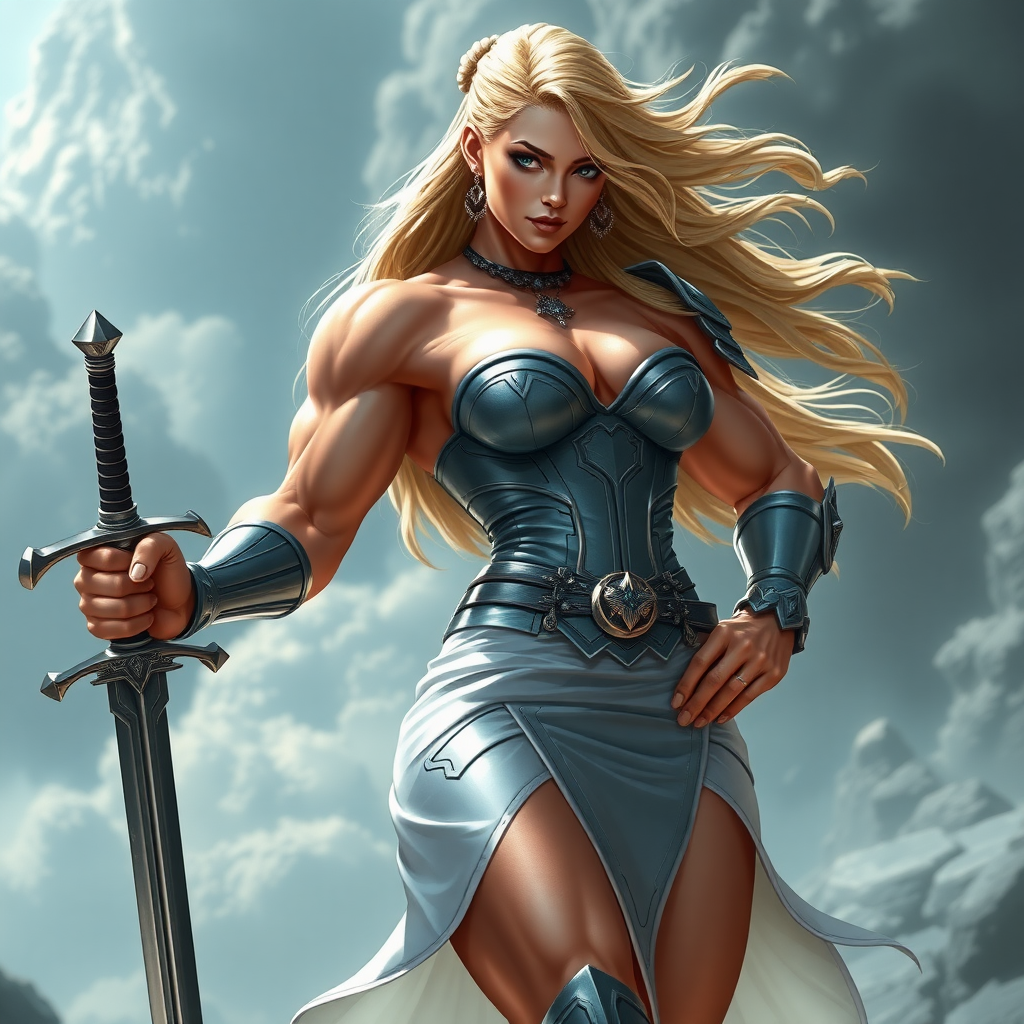 massive huge muscular jacked bodybuilder girl, strapless dress, futuristic warrior princess, sword up