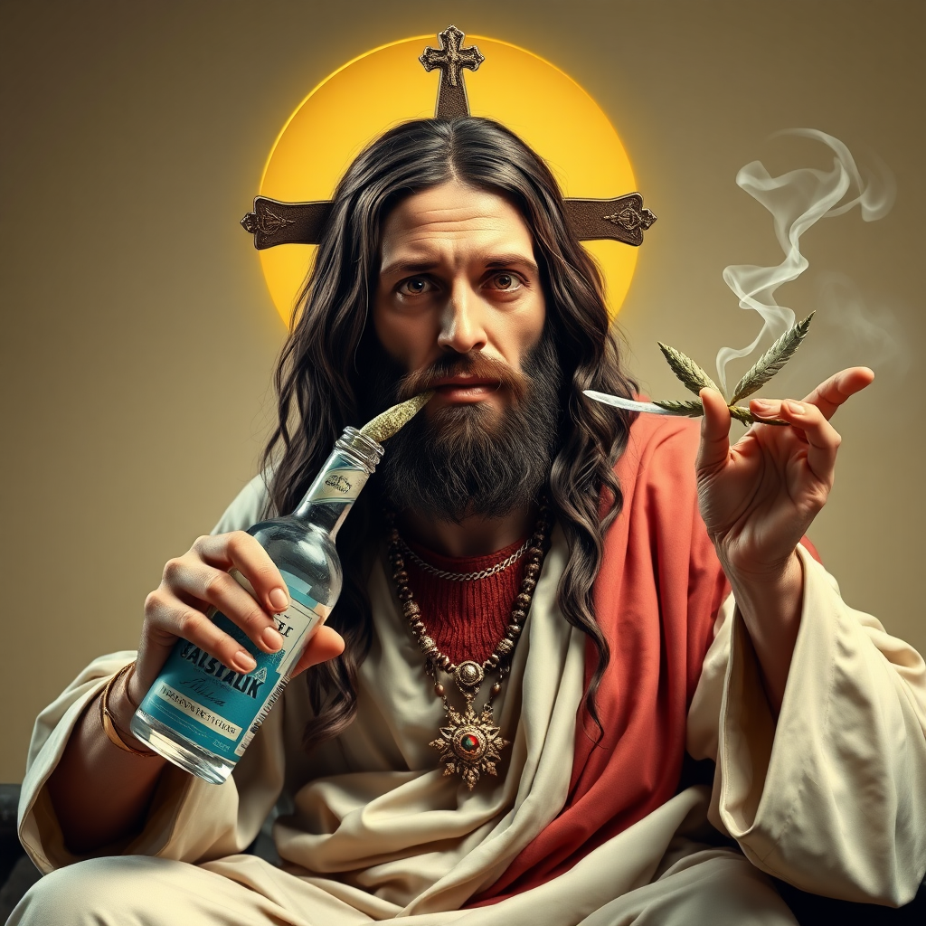 Drunk Jesus Christ, with bottle of vodka in one hand and a joint in mouth.