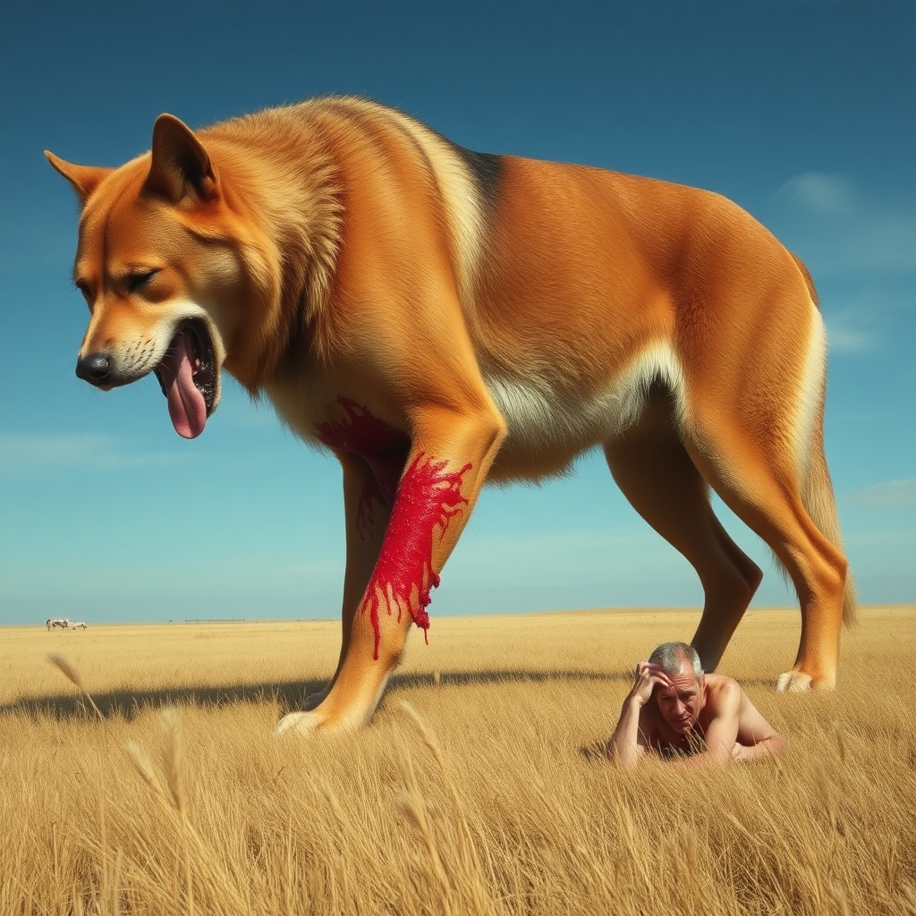 A massive giant-huge dog in a plain field eating and devouring a very small man with half-his torso ripped off in blood and his head decapitated