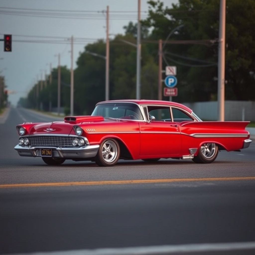 the drag car is parked on the side of the road, inspired by Taiyō Matsumoto, tumblr, restomod, nd4, c4 metallic shine candy red classic american low rider custom ford