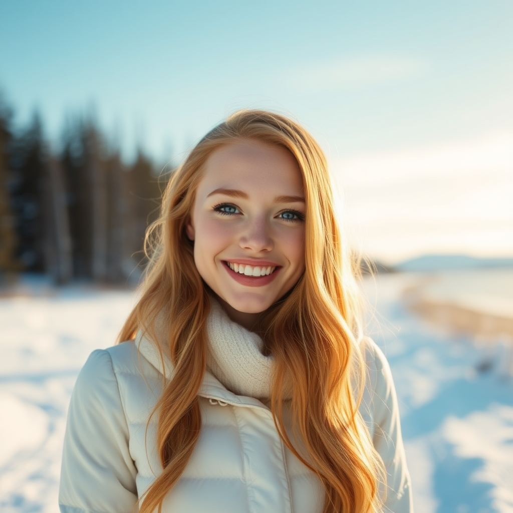 beautiful happy young woman with ginger cherry blonde long hair, full lips, perfect eyebrows, pale skin, on Alaska during winter in Anchorage on sunny snow day