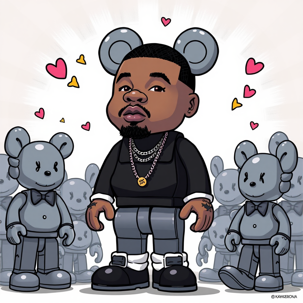 create an illustration of the rapper Chris Brown surrounded by Bearbrick and KAWS .