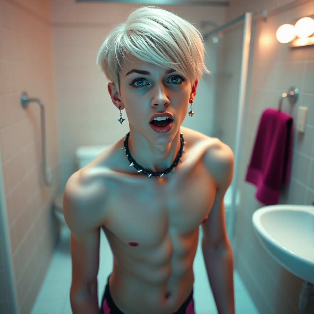 photorealistic, ultra high resolution, 16K, surreal fantasy, soft studio lighting, Caleb Swift is a pretty 16 year old goth male, slim male physique, blonde hair, blue eyes, goth makeup, earrings, pink & black vertically striped pantyhose, spikey neck collar with chain, standing on the floor of the bathroom, excited mouth, bulging crotch, full body front view of Caleb facing the camera.