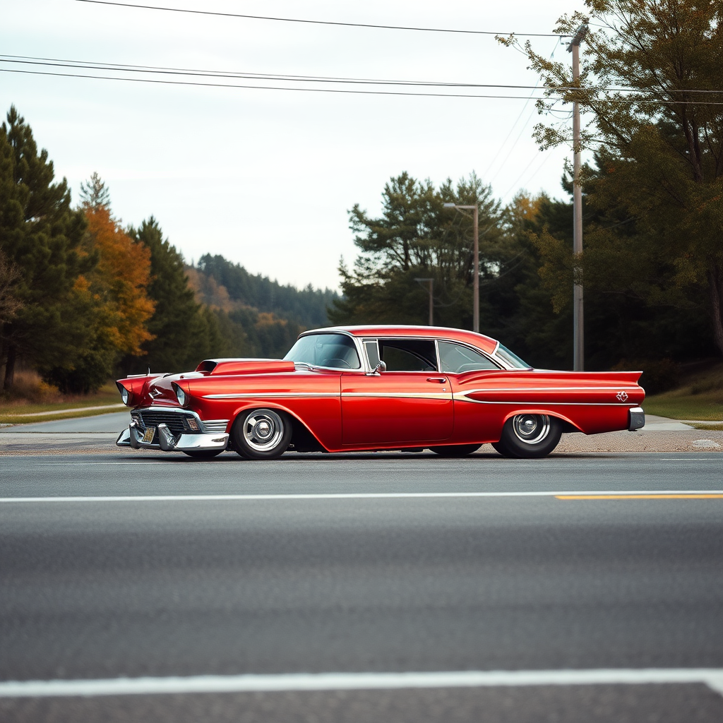 The drag car is parked on the side of the road, inspired by Taiyō Matsumoto, tumblr, restomod, nd4, c4 metallic shine candy red classic american low rider custom ford.