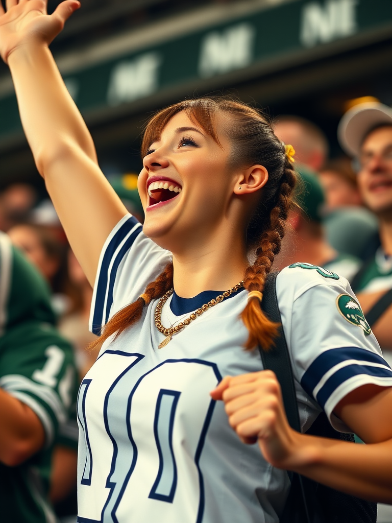 Attractive female NFL fan, pigtail hair, cheering wildly